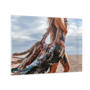 Quadro em vidro - Mulher estilo boho com penas e decorações em um fundo desértico - 70x50cm - Namorada do Xamã - Decoração de parede moderna para a sala de estar e quarto ARTTOR