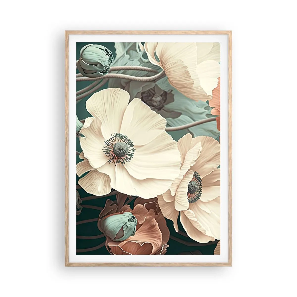 Pôster com moldura de carvalho claro - O sussurro das papoulas - 70x100 cm