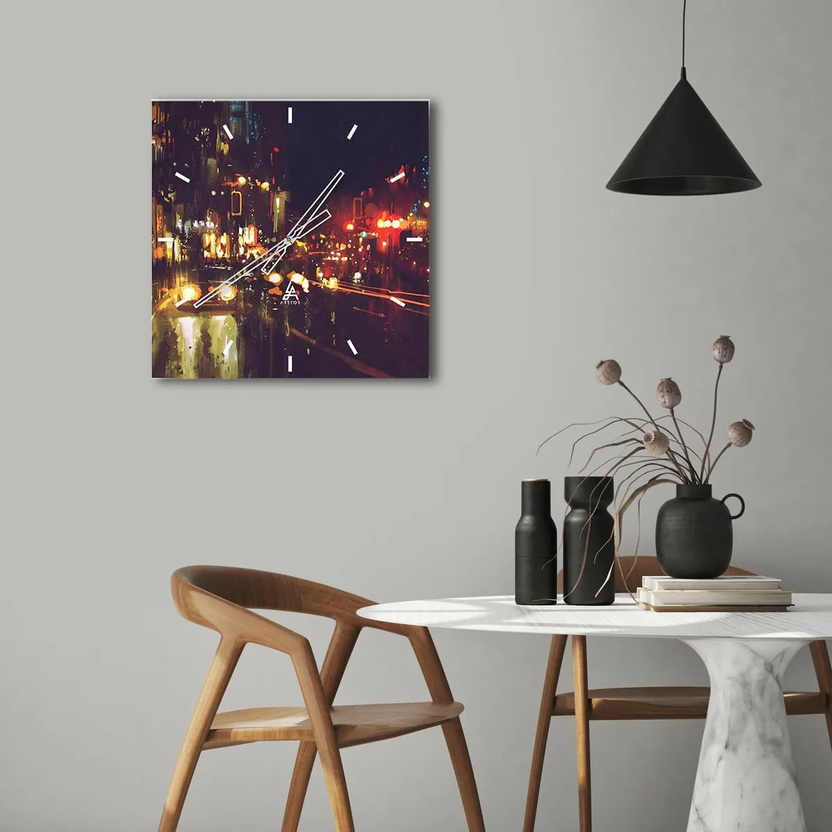 Relógio de parede - Relógio em vidro - Imerso nas luzes da noite - 30x30 cm