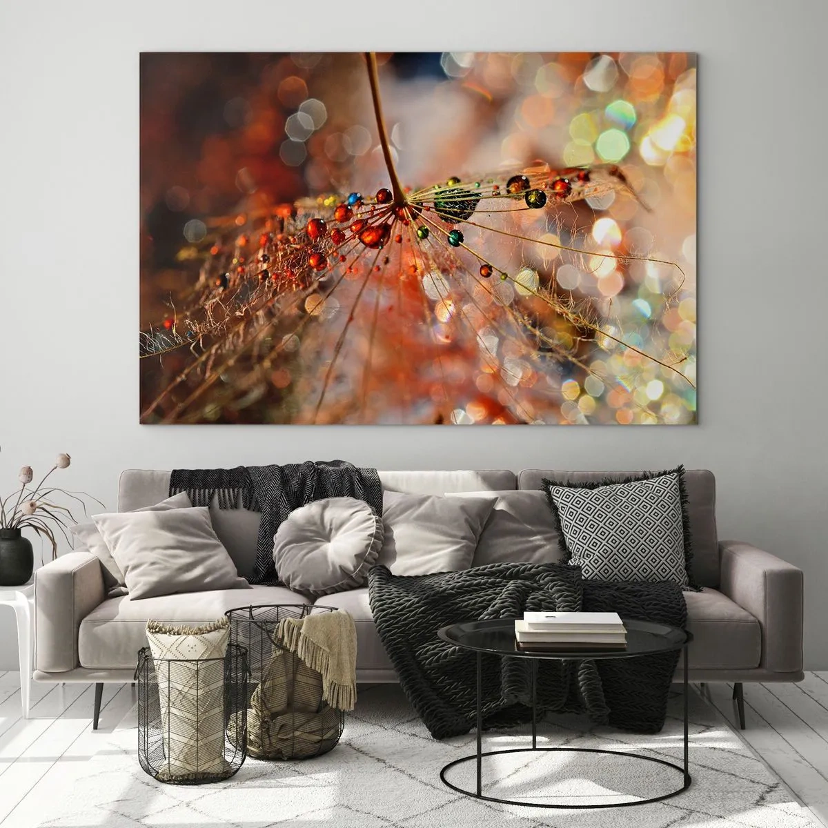 Quadro em vidro - Gotas de água em uma delicada teia de aranha em luz bokeh - 70x50cm - Enroscado numa teia de aranha - Decoração de parede moderna para a sala de estar e quarto ARTTOR