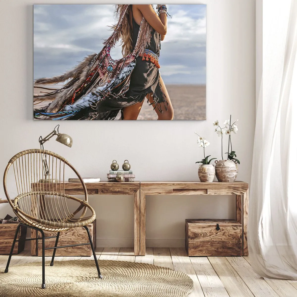 Quadro em tela - Uma mulher em estilo boho com detalhes de penas e joias - 70x50cm - Namorada do Xamã - Decoração de parede moderna para a sala de estar e quarto ARTTOR
