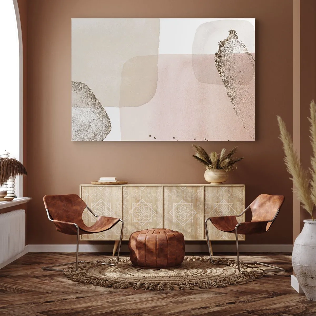 Quadro em tela - Manchas pastel com elementos dourados - 70x50cm - Olhar através da cor - Decoração de parede moderna para a sala de estar e quarto ARTTOR