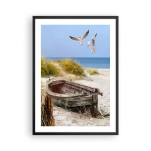 Pôster com moldura preta - Um velho barco na praia com gaivotas ao fundo - 50x70cm - Banhado pelo vento - Decoração de parede moderna para a sala de estar e quarto ARTTOR