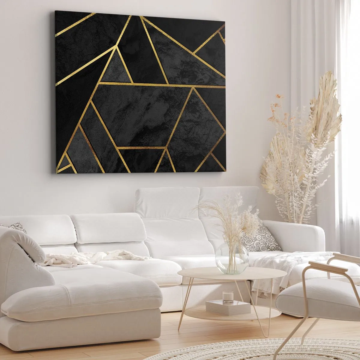 Quadro em tela - Padrão geométrico dourado em fundo preto - 70x50cm - Escuridão e esplendor - Decoração de parede moderna para a sala de estar e quarto ARTTOR