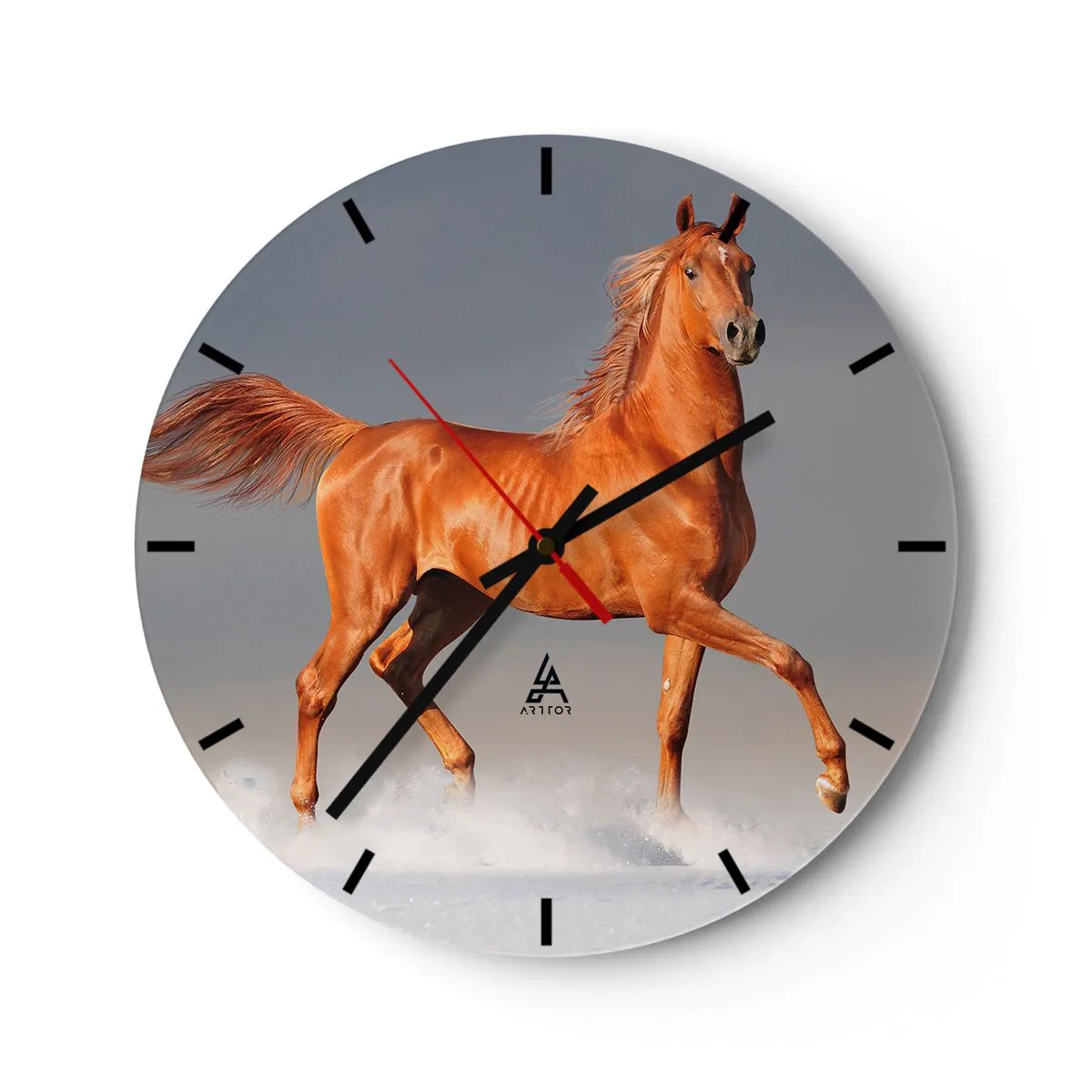 Relógio de parede - Relógio em vidro - Um cavalo a galope com pelagem castanha sobre um fundo claro - 30x30cm - Graça Dançante - Decoração de parede moderna para a sala de estar, cozinha e quarto ARTTOR
