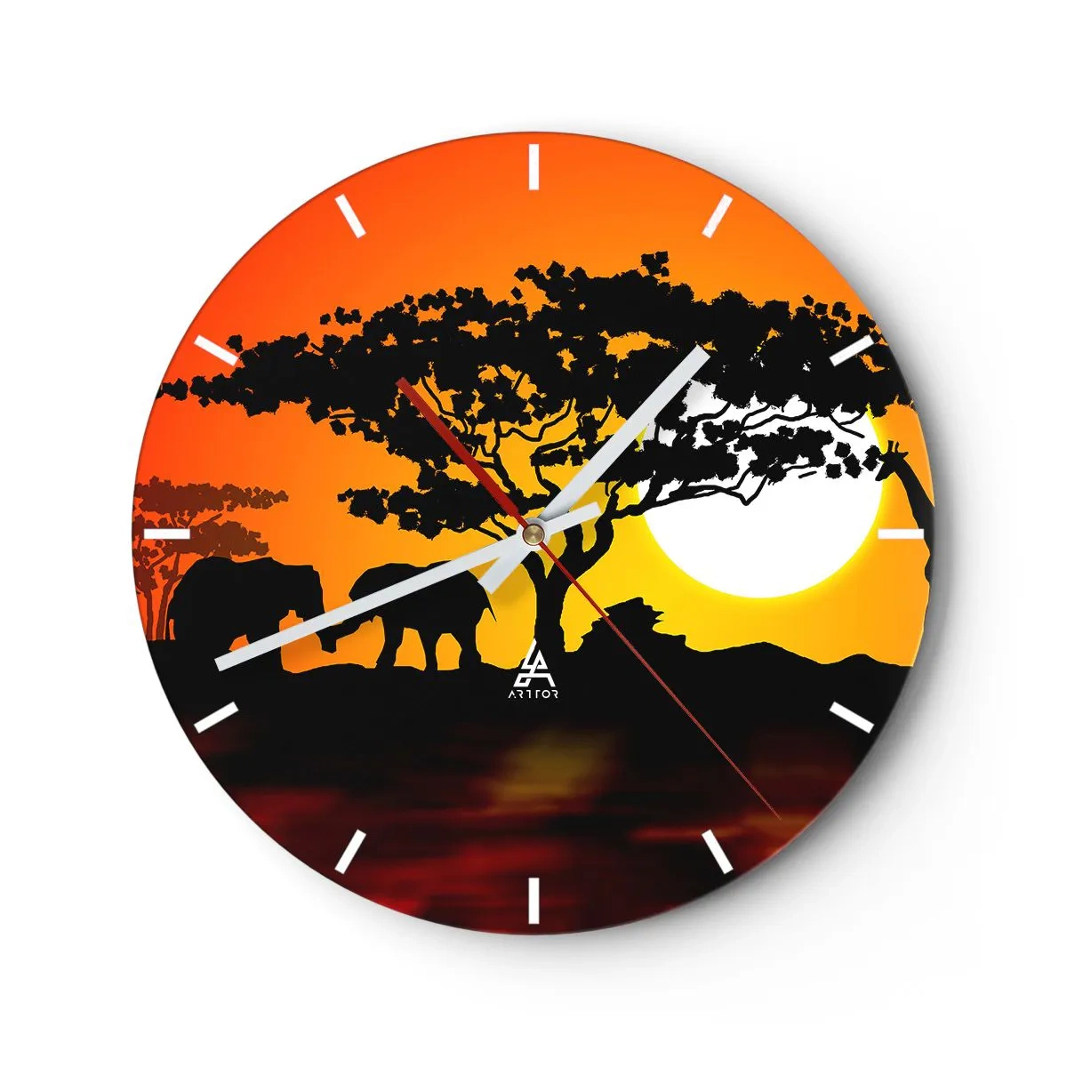 Relógio de parede - Relógio em vidro - Paisagem africana com silhuetas de árvores e animais ao pôr do sol - 30x30cm - Encontro na savana - Decoração de parede moderna para a sala de estar, cozinha e quarto ARTTOR