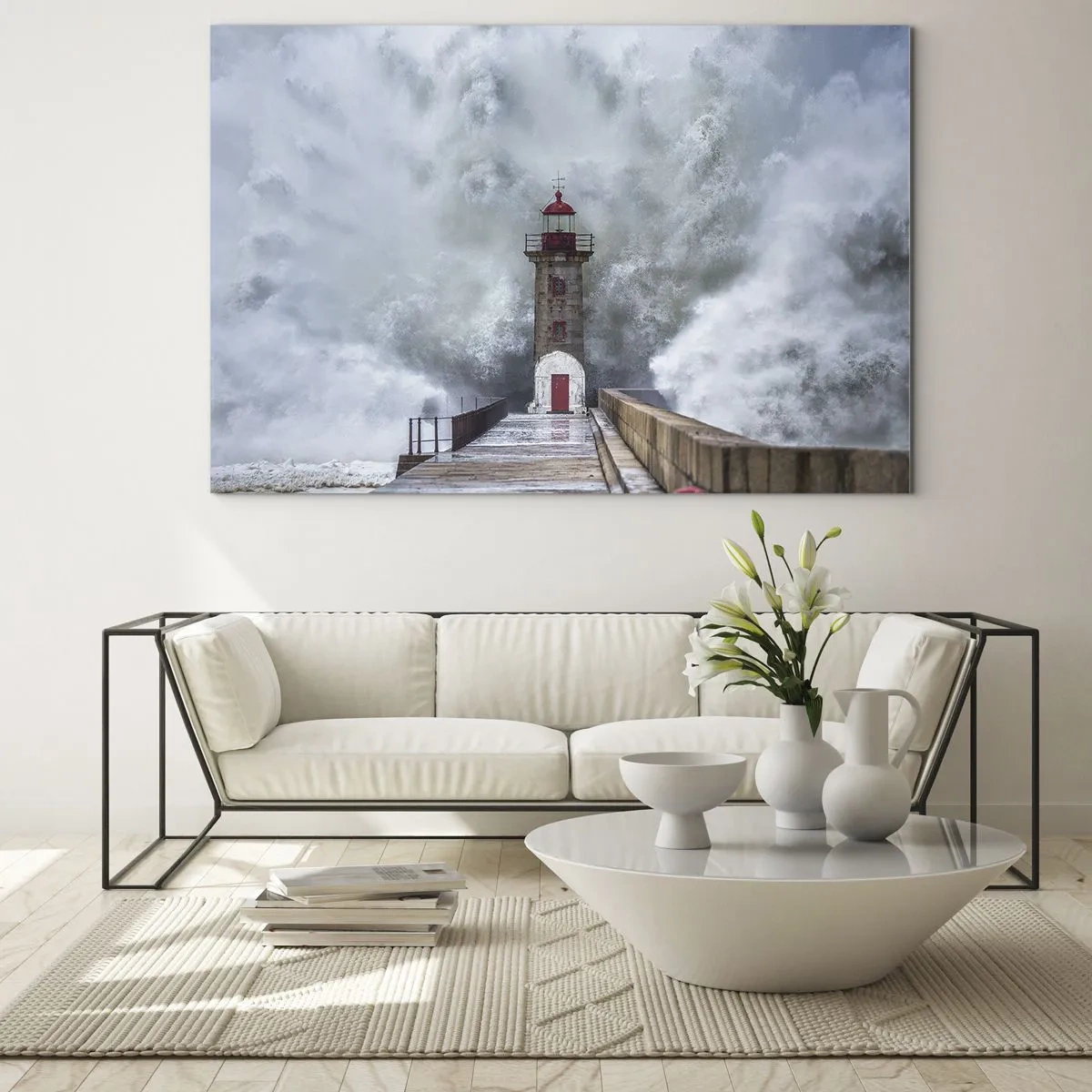 Quadro em vidro - Um farol é atingido por uma onda poderosa. - 70x50cm - O rugido das águas, o som do vento - Decoração de parede moderna para a sala de estar e quarto ARTTOR