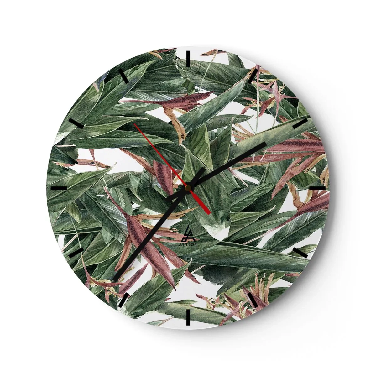 Relógio de parede - Relógio em vidro - Folhas verdes com detalhes em lilás sobre fundo branco - 30x30cm - Matagal esmeralda-lilás - Decoração de parede moderna para a sala de estar, cozinha e quarto ARTTOR