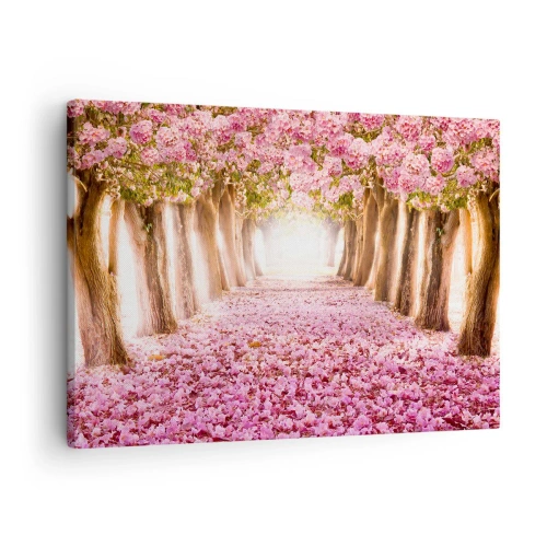 Quadro em tela - Uma avenida de árvores floridas em tons de rosa - 70x50cm - O Caminho para o Paraíso - Decoração de parede moderna para a sala de estar e quarto ARTTOR