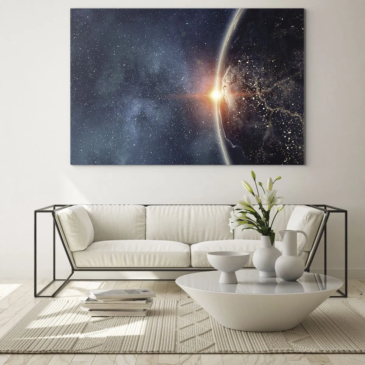 Quadro em vidro - Terra iluminada pelos raios solares no espaço - 70x50cm - Numa nova perspetiva - Decoração de parede moderna para a sala de estar e quarto ARTTOR