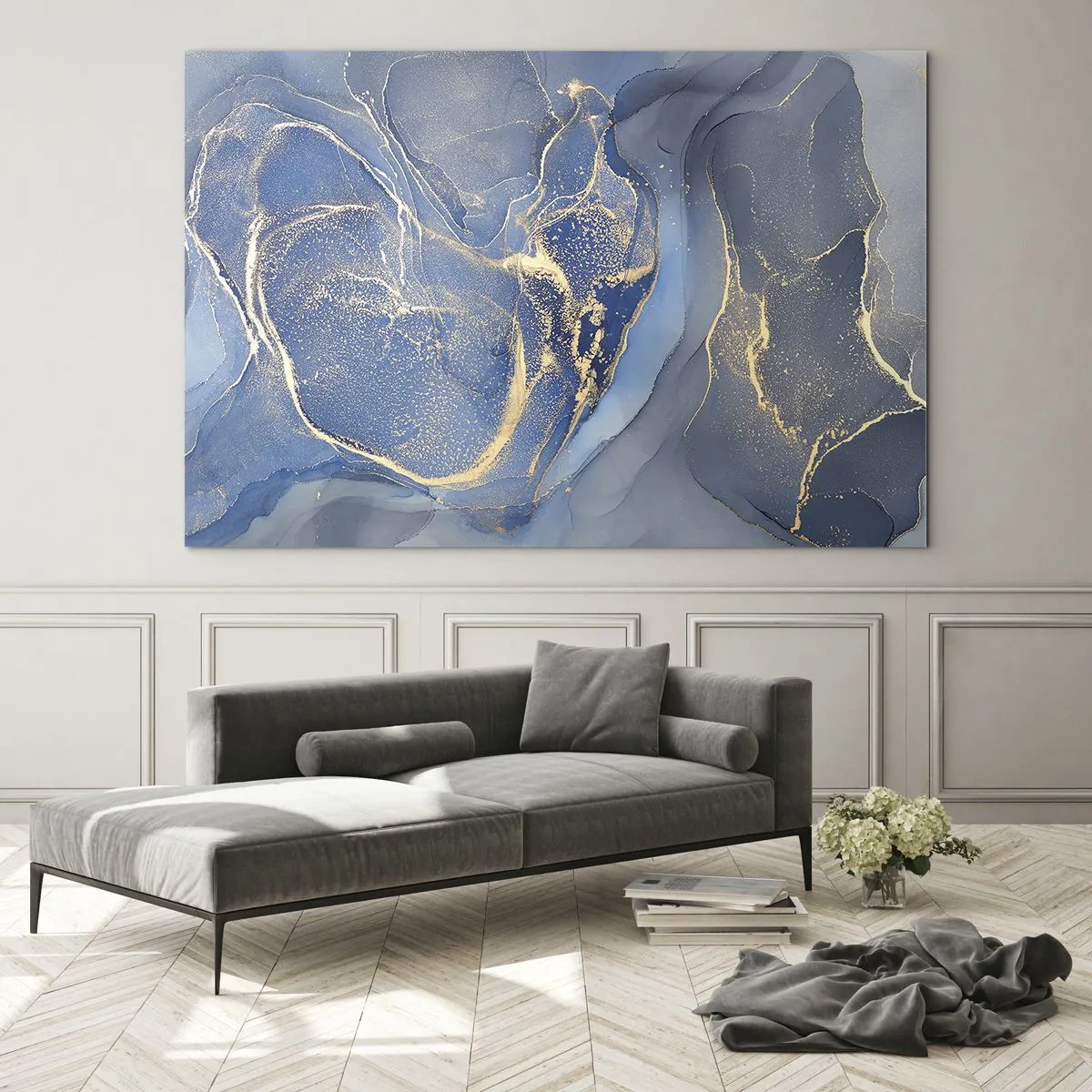 Quadro em vidro - Uma composição abstrata em tons de azul marinho e dourado - 70x50cm - Pó dourado - Decoração de parede moderna para a sala de estar e quarto ARTTOR