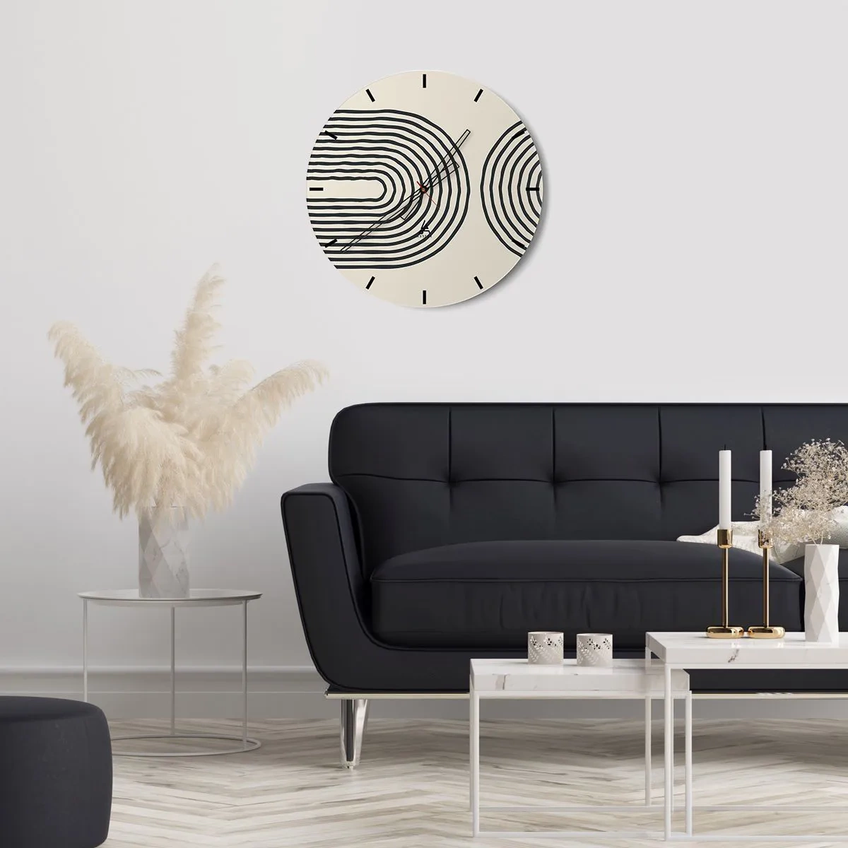 Relógio de parede - Relógio em vidro - Linhas geométricas em forma de ondas concêntricas sobre fundo bege - 30x30cm - Em um momento... - Decoração de parede moderna para a sala de estar, cozinha e quarto ARTTOR