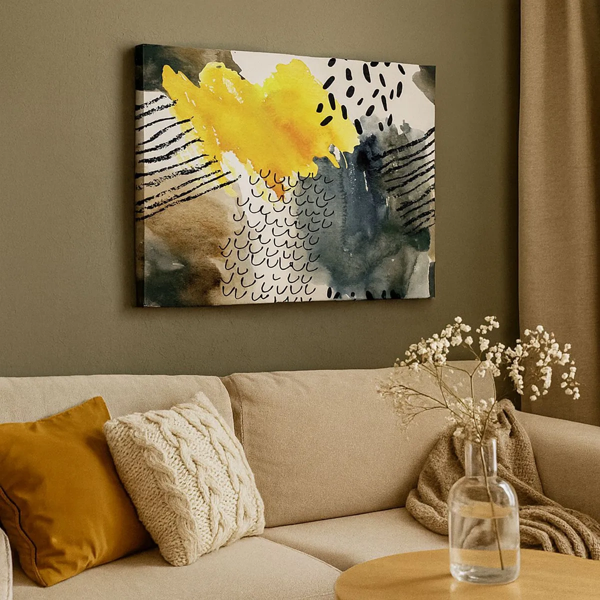 Quadro em tela - Uma composição abstrata com detalhes em amarelo e padrões gráficos. - 70x50cm - Reunião dos elementos da natureza - Decoração de parede moderna para a sala de estar e quarto ARTTOR