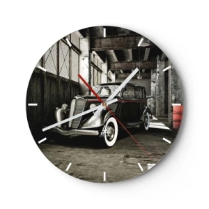 Relógio de parede - Relógio em vidro - Garagem atmosférica com um carro vintage clássico - 30x30cm - A elegância duradoura dos anos 30. - Decoração de parede moderna para a sala de estar, cozinha e quarto ARTTOR