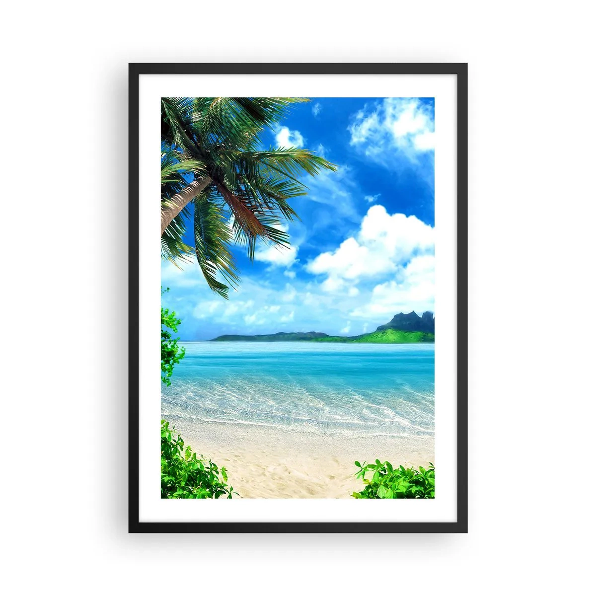 Pôster com moldura preta - Praia tropical com palmeiras e mar azul - 50x70cm - O azul dos trópicos - Decoração de parede moderna para a sala de estar e quarto ARTTOR