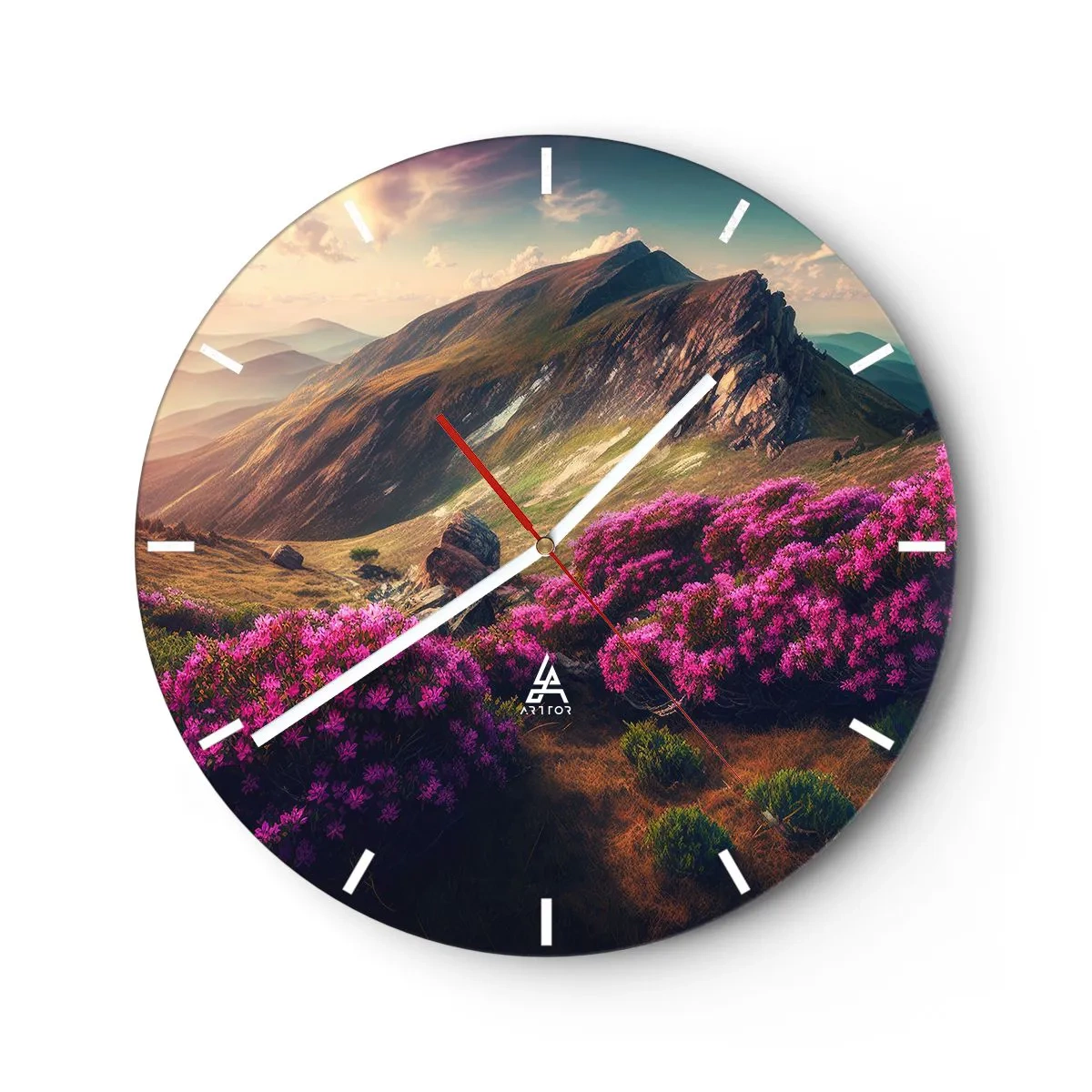 Relógio de parede - Relógio em vidro - Paisagem de montanha de verão com flores roxas e pôr do sol - 30x30cm - Verão nas montanhas - Decoração de parede moderna para a sala de estar, cozinha e quarto ARTTOR