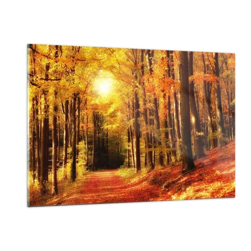 Quadro em vidro - Outono dourado na estrada da floresta - 120x80 cm