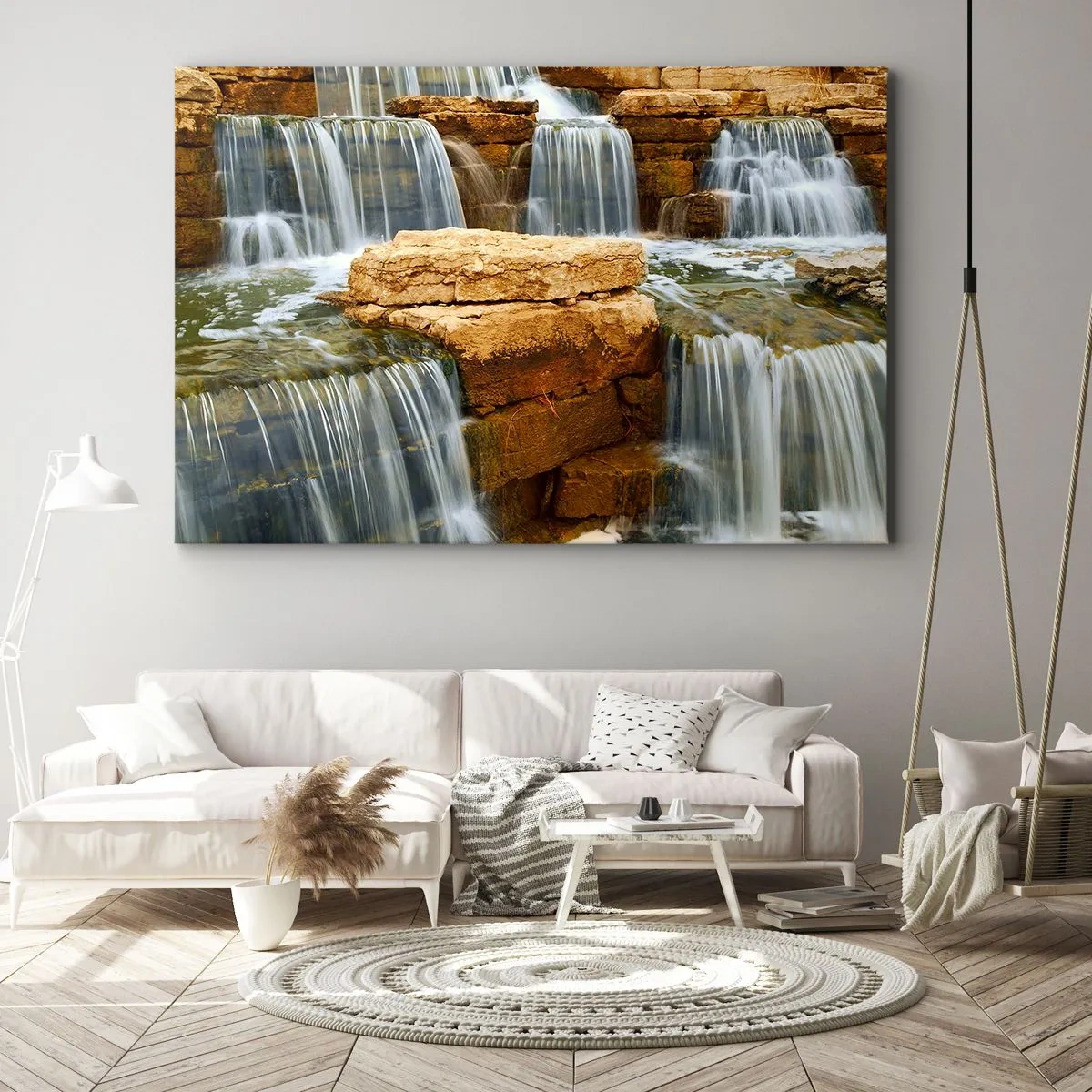 Quadro em tela - Uma cachoeira descendo degraus de pedra - 70x50cm - Escadas para o céu - Decoração de parede moderna para a sala de estar e quarto ARTTOR