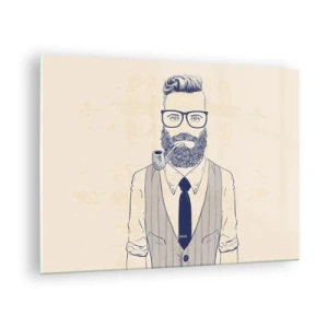 Quadro em vidro - Um homem estilizado com barba, óculos e um cachimbo em um fundo claro. - 70x50cm - Alegre, masculino e elegante - Decoração de parede moderna para a sala de estar e quarto ARTTOR