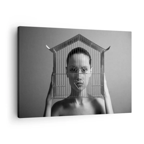 Quadro em tela - Mulher atrás de uma gaiola em estilo surreal - 70x50cm - Retrato um pouco surreal - Decoração de parede moderna para a sala de estar e quarto ARTTOR