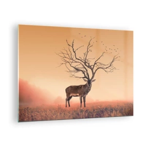 Quadro em vidro - Ilustração de um veado com uma árvore como chifre - 70x50cm - Cervo - o espírito eterno da floresta - Decoração de parede moderna para a sala de estar e quarto ARTTOR