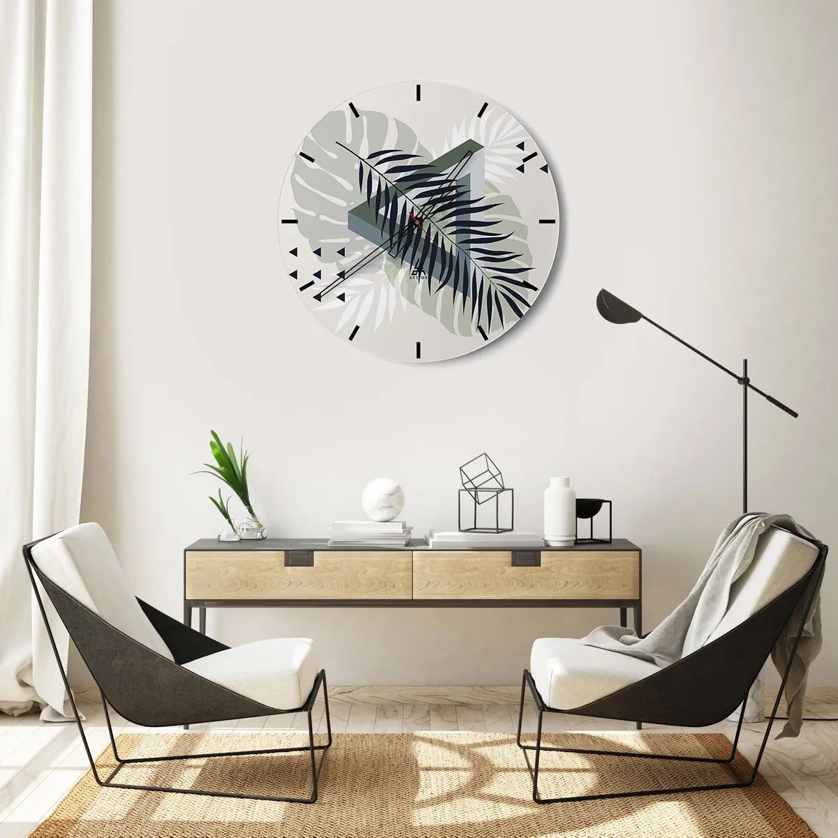 Relógio de parede - Relógio em vidro - Composição geométrica com folhas tropicais - 30x30cm - Natureza e geometria – duas ordens? - Decoração de parede moderna para a sala de estar, cozinha e quarto ARTTOR