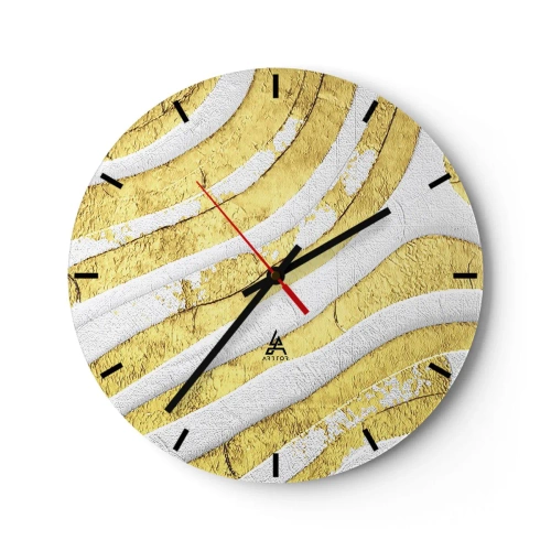 Relógio de parede - Relógio em vidro - Ondas douradas e brancas em uma textura abstrata - 30x30cm - Composição a branco e ouro - Decoração de parede moderna para a sala de estar, cozinha e quarto ARTTOR