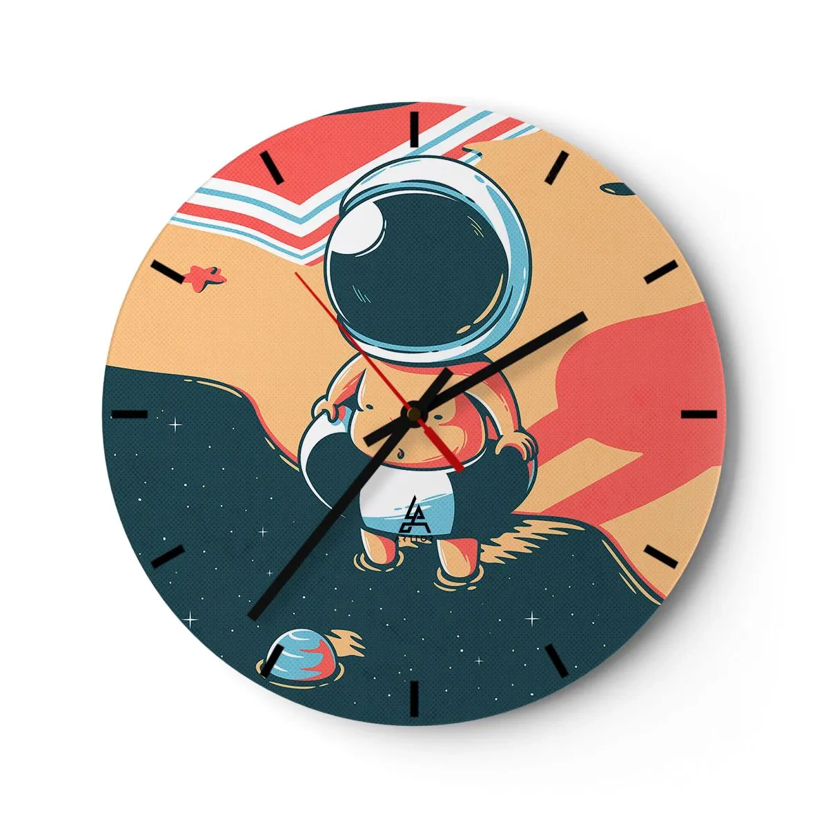 Relógio de parede - Relógio em vidro - Astronauta em um fundo espacial em estilo retrô - 30x30cm - De uma perspetiva diferente - Decoração de parede moderna para a sala de estar, cozinha e quarto ARTTOR