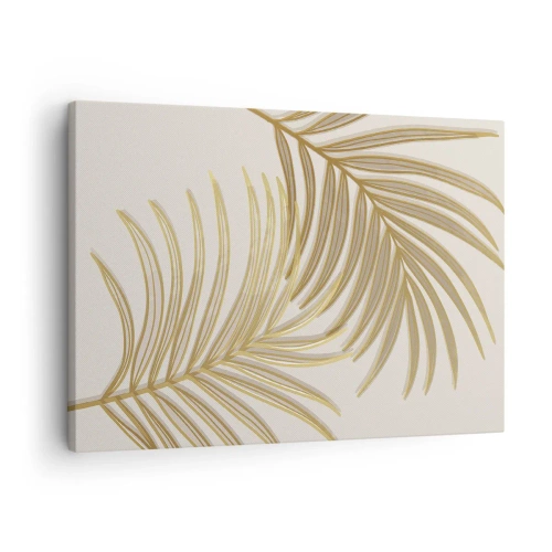 Quadro em tela - Folhas de palmeira douradas sobre fundo claro em estilo minimalista - 70x50cm - Palma de Ouro! - Decoração de parede moderna para a sala de estar e quarto ARTTOR