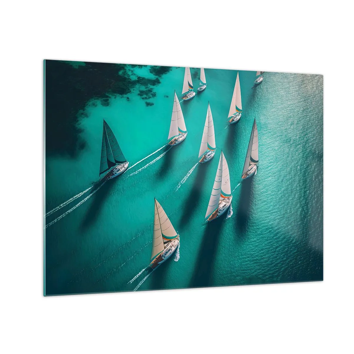 Quadro em vidro - Veleiros em águas azul-turquesa capturados de uma vista aérea - 70x50cm - Numa competição com o vento - Decoração de parede moderna para a sala de estar e quarto ARTTOR