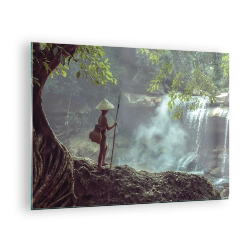 Quadro em vidro - Um menino com uma lança em uma cachoeira na floresta tropical - 70x50cm - Amigo da natureza - Decoração de parede moderna para a sala de estar e quarto ARTTOR
