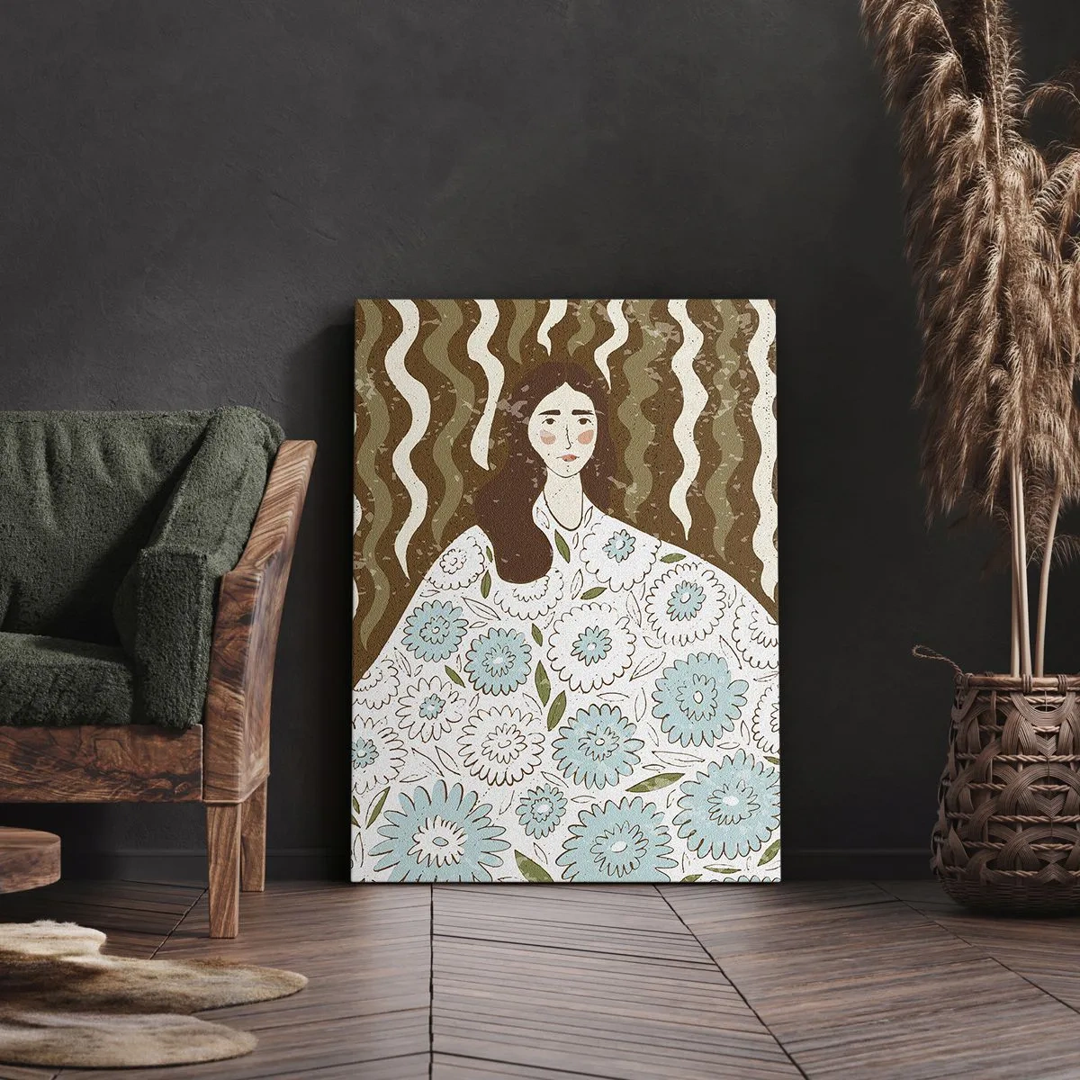 Quadro em tela - Retrato em um manto floral - 65x120 cm