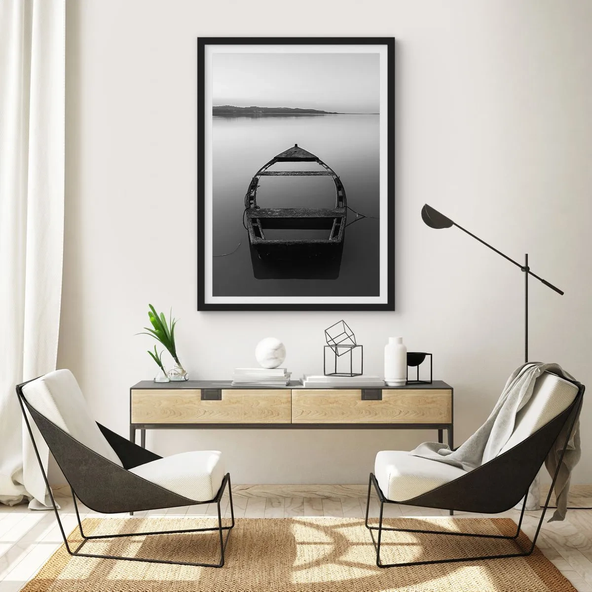 Pôster com moldura preta - Um velho barco flutuando em águas calmas - 50x70cm - Saudade e melancolia - Decoração de parede moderna para a sala de estar e quarto ARTTOR