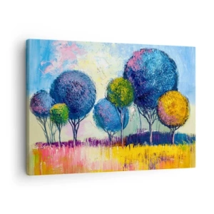 Quadro em tela - Árvores coloridas em forma de bola contra o pano de fundo de uma paisagem - 70x50cm - Esfera - a forma ideal - Decoração de parede moderna para a sala de estar e quarto ARTTOR