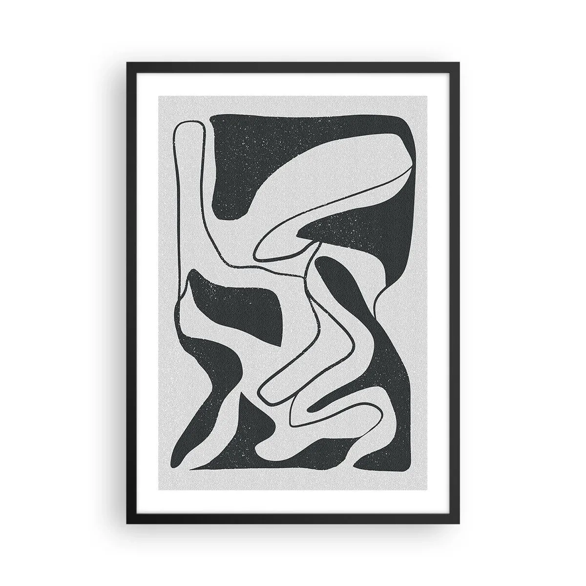 Pôster com moldura preta - Abstração em preto e branco com formas orgânicas - 50x70cm - Labirinto abstrato divertido - Decoração de parede moderna para a sala de estar e quarto ARTTOR