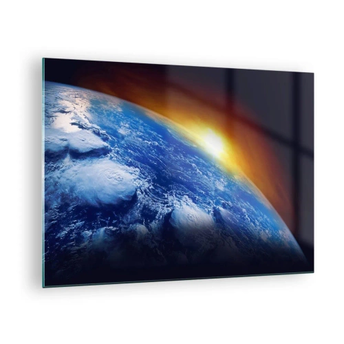 Quadro em vidro - Terra no espaço iluminada pelos raios do sol - 70x50cm - Nascer do sol sobre o planeta azul - Decoração de parede moderna para a sala de estar e quarto ARTTOR