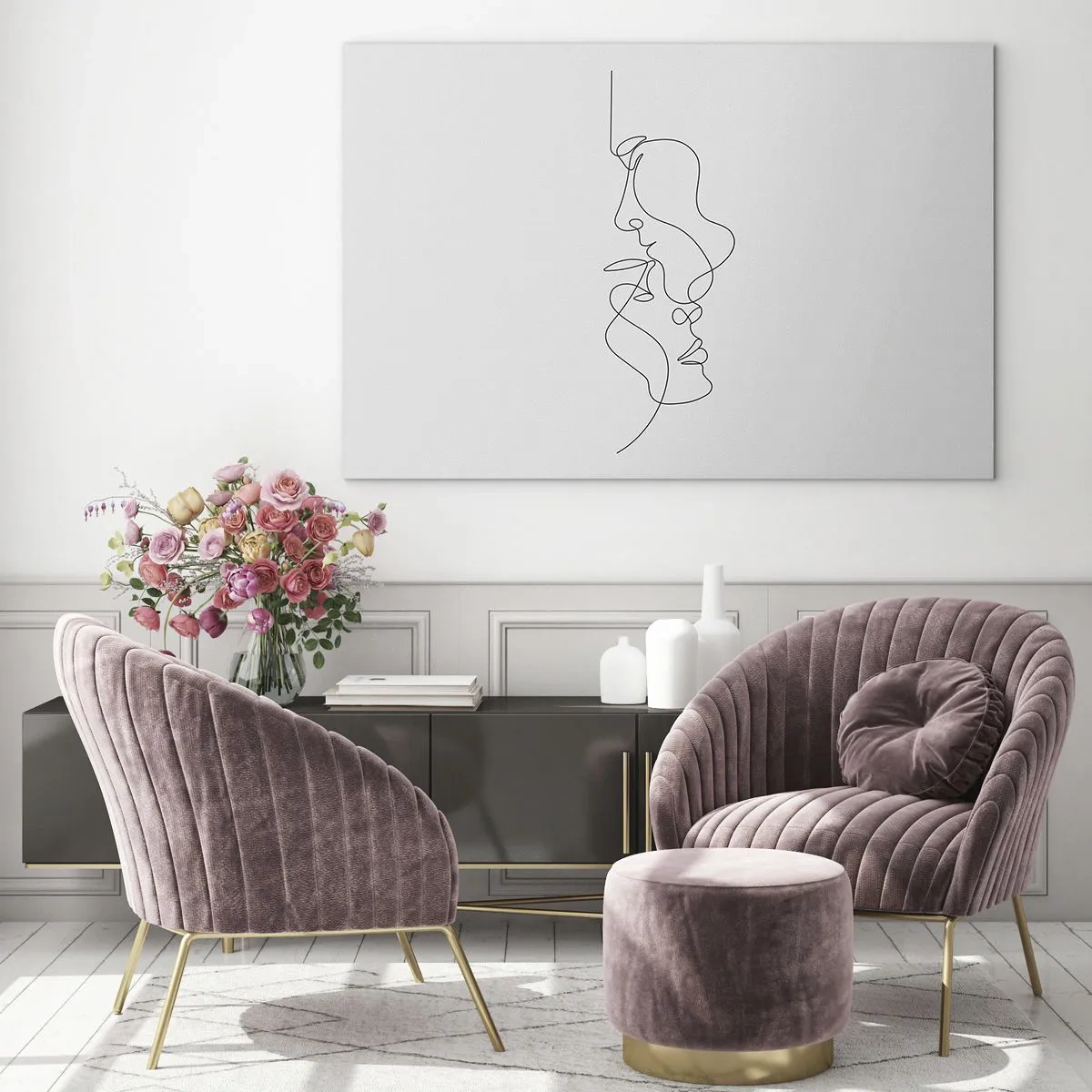 Quadro em vidro - Um desenho delicado de dois rostos em um contorno - 70x50cm - O calor dos desejos amargos - Decoração de parede moderna para a sala de estar e quarto ARTTOR