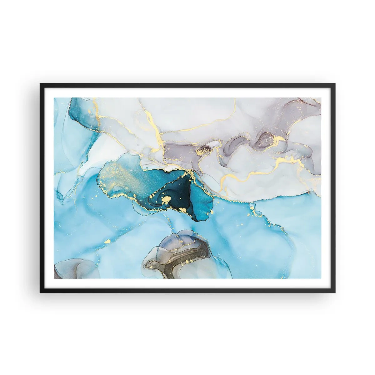 Pôster com moldura preta - Estudo do encontro do cinza e turquesa - 100x70 cm