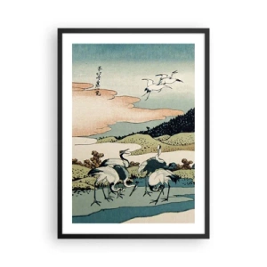 Pôster com moldura preta - Obra de arte tradicional japonesa com guindastes em uma paisagem natural - 50x70cm - No espírito japonês - Decoração de parede moderna para a sala de estar e quarto ARTTOR