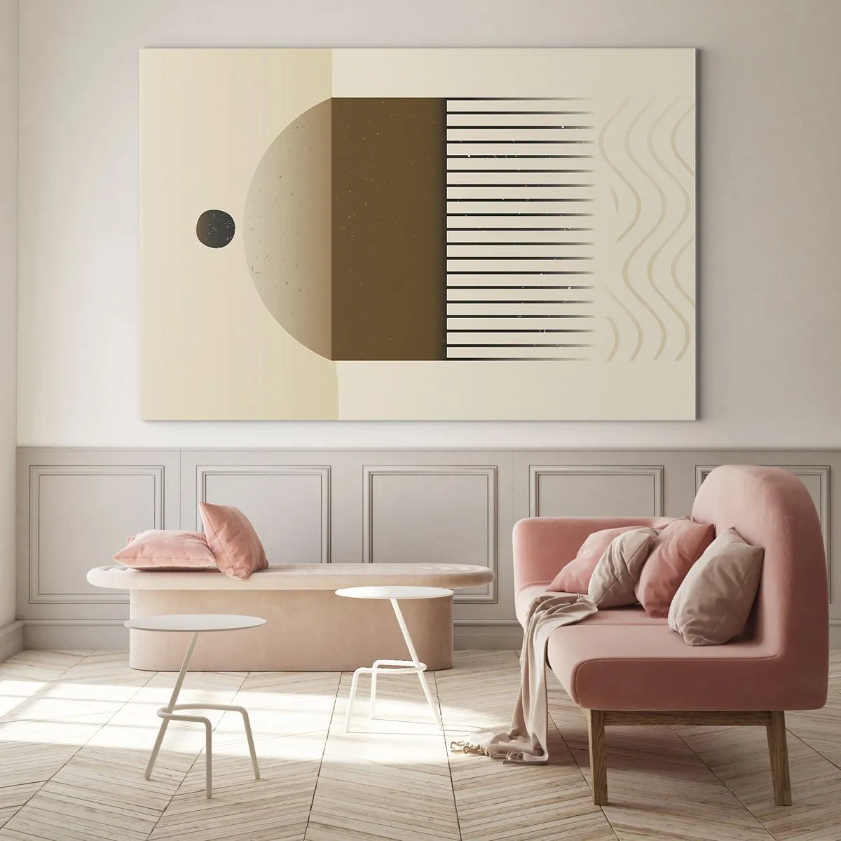 Quadro em vidro - Abstração bege e marrom com formas e linhas geométricas - 70x50cm - Diferentes estados - Decoração de parede moderna para a sala de estar e quarto ARTTOR