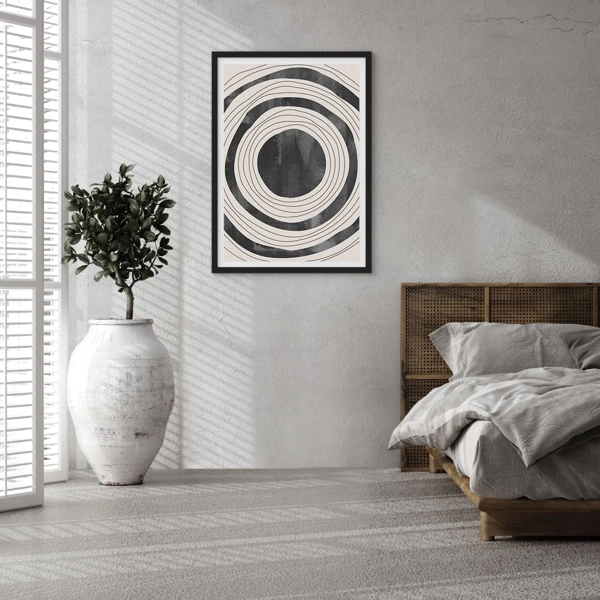 Pôster com moldura preta - Círculos concêntricos abstratos em preto e branco - 50x70cm - Direito ao ponto - Decoração de parede moderna para a sala de estar e quarto ARTTOR