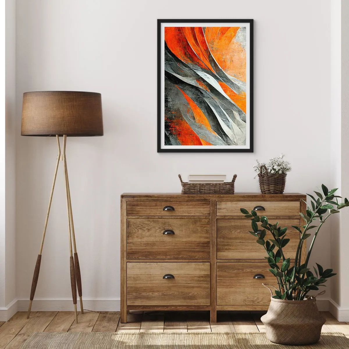 Pôster com moldura preta - Abstração dinâmica em tons de laranja e cinza - 50x70cm - Calor e frio - Decoração de parede moderna para a sala de estar e quarto ARTTOR