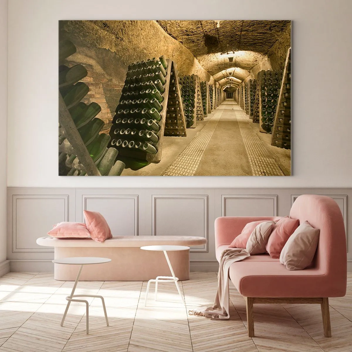 Quadro em vidro - Uma adega com garrafas de vinho envelhecendo em fileiras - 70x50cm - O nascimento do sabor - Decoração de parede moderna para a sala de estar e quarto ARTTOR