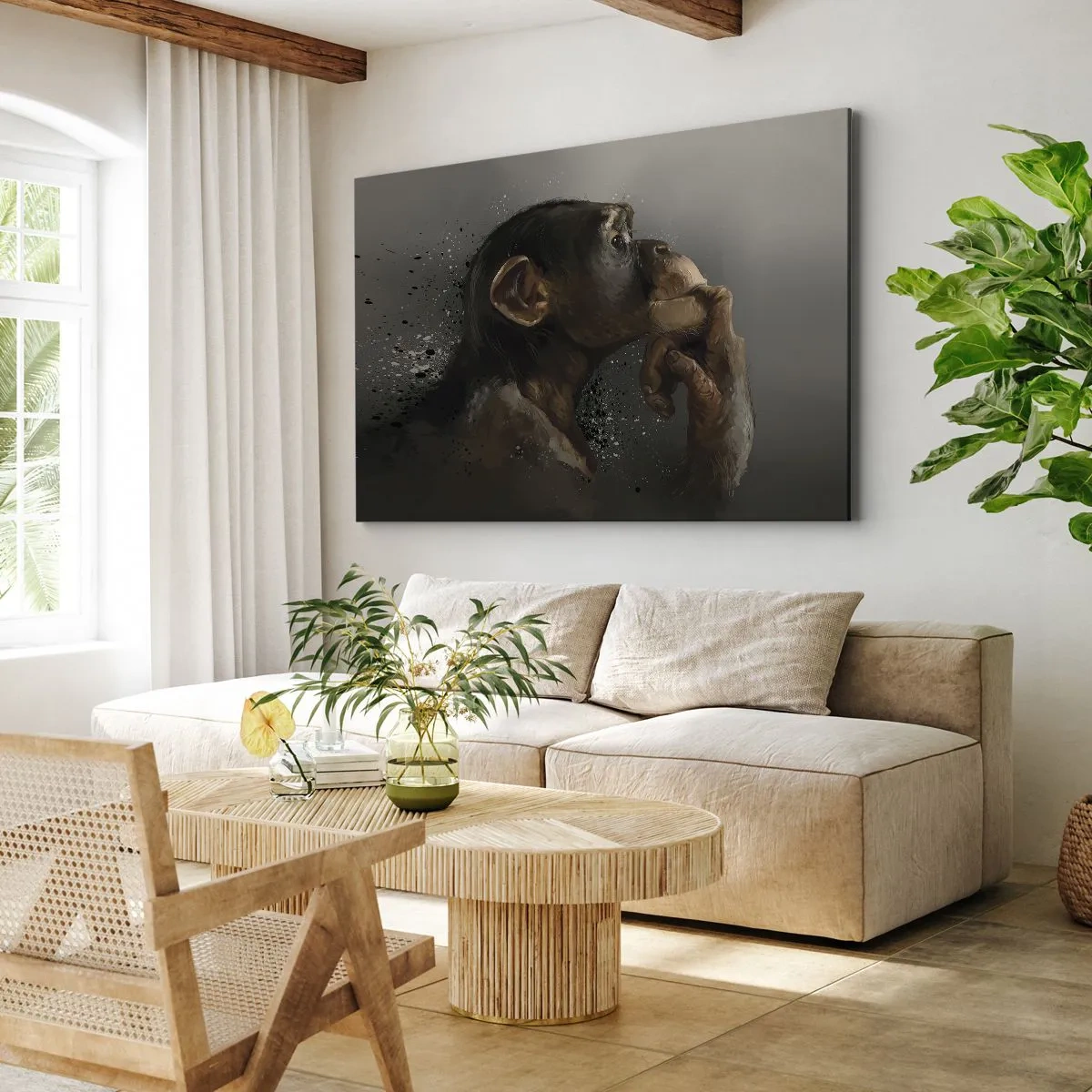 Quadro em tela - Retrato de um macaco em pose reflexiva sobre um fundo cinza - 70x50cm - Certamente um pensador - Decoração de parede moderna para a sala de estar e quarto ARTTOR