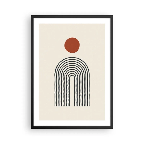 Pôster com moldura preta - Abstração geométrica com um arco linear e um círculo vermelho. - 50x70cm - Magnetismo de formas e cores - Decoração de parede moderna para a sala de estar e quarto ARTTOR