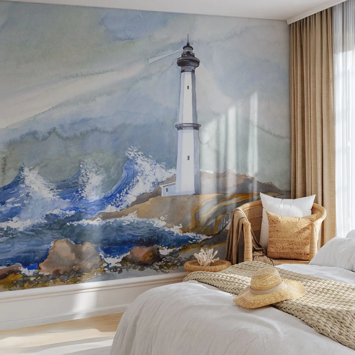 Papel de Parede Premium Canvas - Contra as trevas e a tempestade - Farol, Paisagem, oceano - 500x350 cm