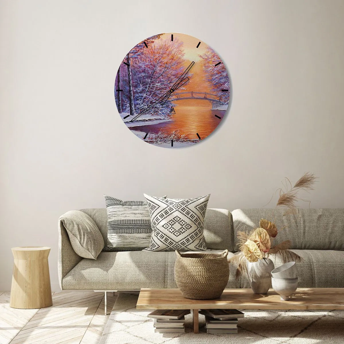 Relógio de parede - Relógio em vidro - Paisagem de inverno com uma ponte sobre um rio, árvores e neve - 30x30cm - Vamos nos encontrar aqui - Decoração de parede moderna para a sala de estar, cozinha e quarto ARTTOR