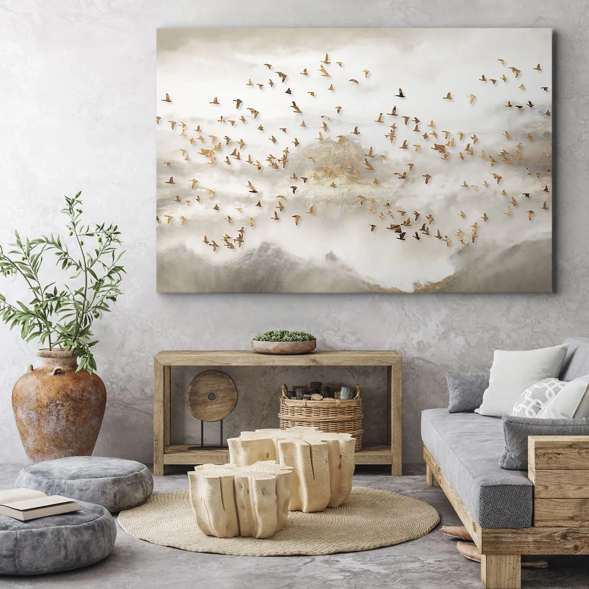 Quadro em tela - Pássaros dourados contra as montanhas enevoadas - 70x50cm - Está na hora… - Decoração de parede moderna para a sala de estar e quarto ARTTOR