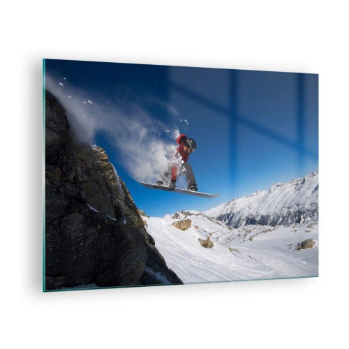 Quadro em vidro - Um snowboarder salta contra um cenário de montanha - 70x50cm - E tornou-se parte do espaço - Decoração de parede moderna para a sala de estar e quarto ARTTOR