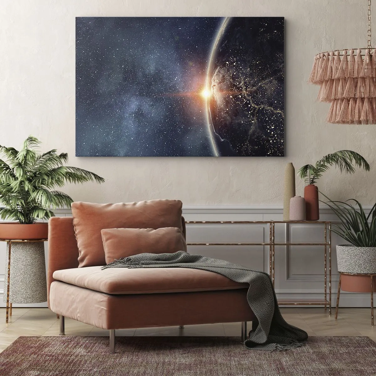 Quadro em tela - Terra vista do espaço com o sol nascente - 70x50cm - Numa nova perspetiva - Decoração de parede moderna para a sala de estar e quarto ARTTOR